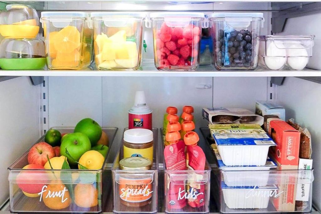 Add clear storage bins in your fridge
